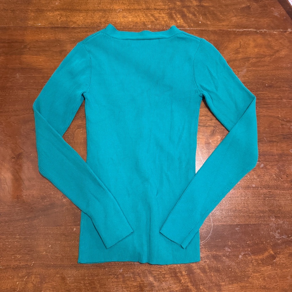 Teal Ribbed Knit V-Neck Top Braided Keyholes Front Detail Long Sleeve Y2K‎ Small - Picture 4 of 4